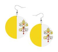 Orecchini in pelle con bandiera del Vaticano - Orecchini rotondi in pelle PVC stampata su entrambi i lati con ganci placcati argento 925, taglia unica, argento sterling e pietra dorata, One Size