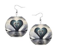 Orecchini in pelle con cuore di cigno - Orecchini rotondi in pelle PVC stampata su entrambi i lati con ganci placcati in argento 925, taglia unica, argento Sterling e pietra dorata, One Size, Argento