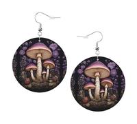 Orecchini in pelle con due funghi viola nel bosco - Orecchini rotondi in pelle PVC stampata su entrambi i lati con ganci placcati in argento 925, taglia unica, argento Sterling, pietra dorata, One