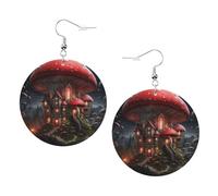 Orecchini in pelle con funghi rossi nel cielo notturno - Orecchini rotondi in pelle PVC stampata su entrambi i lati con ganci placcati in argento 925, taglia unica, argento Sterling e pietra dorata