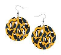 Orecchini in pelle con motivo folla di pinguini, orecchini rotondi a goccia in pelle PVC stampata su entrambi i lati, con ganci placcati in argento 925, taglia unica, argento Sterling, pietra dorata
