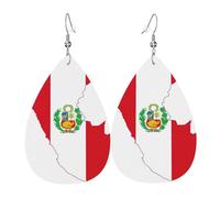 Orecchini in pelle con stampa della mappa della bandiera del Perù, gioielli reversibili con ganci placcati in argento