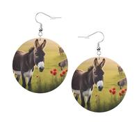 Orecchini in pelle di asino e fiore - Orecchini rotondi a goccia in pelle PVC stampata su entrambi i lati con ganci placcati in argento 925, taglia unica, argento Sterling, pietra d'oro, taglia unica