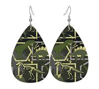 Orecchini In Pelle Dino Skeleton Camouflage Green Ecopelle Orecchino Confortevoli Classico Orecchini A Goccia, Per Ouple, Valentine'S Day, Birthday