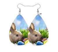 Orecchini In Pelle Rabbit Little Easter Bunny Easter Eggs Green Grass Ecopelle Orecchino Confortevoli Classico Orecchini A Goccia, Per Birthday, Le Donne, Valentine'S Day