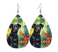 Orecchini in pelle stampata a doppia faccia con cane acquerello int e forma di gocce d'acqua, creativo, leggero e romanzo, colori vivaci e vivaci.