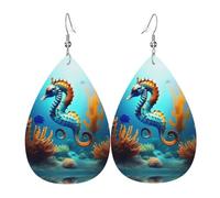 Orecchini in pelle stampata a doppia faccia con cavalluccio marino corallo fondale int e forma di gocce d'acqua, creativi, leggeri e nuovi, colori vivaci e vivaci.