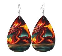 Orecchini in pelle stampata con il re drago in fiamme, leggeri orecchini a goccia, perfetti per Natale, San Valentino