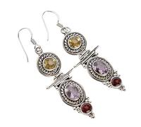 Orecchini intramontabili con ametista e granato - castone ovale e rotondo pietre in argento 925 chic, gocce sontuose da 60 mm, 7x5, 5, 4, Argento sterling, Ametista, granato e citrino
