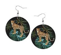 Orecchini leopardo con foglie di palma tropicali Animali della foresta selvaggia Orecchini in pelle a forma rotonda Orecchini pendenti leggeri da donna e ragazza, perfetti da indossare tutti i giorni