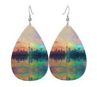 Orecchini olografici in pelle a forma di goccia con stampa neon city | Design di fascia alta, orecchini di lusso leggeri