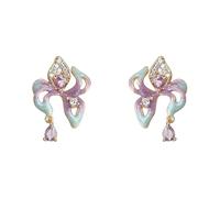 Orecchini orchidea smaltata a mano, borchie pendenti CZ viola placcato oro, gioielli floreali estetici da donna, accessori per abbigliamento quotidiano ipoallergenico