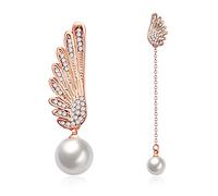 Orecchini Oro Rosa, Donna Oro Rosa 14K Orecchini Pendenti Ala asimmetrica con pendente di perla e diamante creato in laboratorio