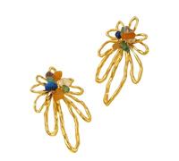 Orecchini pendente con fiori esagerati Boho-Orecchini a goccia con petali cavi d'oro, gioielli vintage con gemme colorate per donna