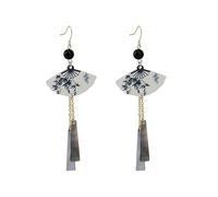 Orecchini pendente con ventaglio in stile cinese da donna-Orecchini pendente con stampa in bambù con nappa | Gioielli alla moda per abbigliamento quotidiano e regalo