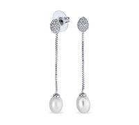 Orecchini pendenti a catena lineare con perle coltivate d'acqua dolce bianche CZ semplici per sposa per donna per adolescente in ottone placcato argento.