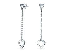 Orecchini pendenti a catena semplice lunga lineare con cuori aperti leggeri per donne e adolescenti in argento sterling .925