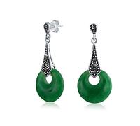 Orecchini pendenti a cerchio aperto in giada verde tinta e marcasite in stile asiatico per donne in argento sterling .925