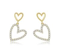 Orecchini pendenti a doppio cuore con strass, placcati oro, con strass, gioielli per San Valentino, lunghezza 25 mm