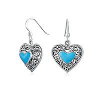 Orecchini Pendenti A Forma Di Cuore In Turchese Blu Con Filigrana A Scorrimento In Stile Boho Bali Per Donne Argento Sterling .925 Ossidato Con Ganci A Forma Di Pesce