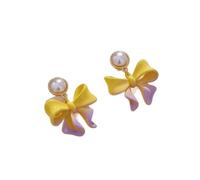 Orecchini pendenti a forma di fiocco con perle, colore giallo e viola, ideali come regalo per feste di nozze, gioielli quotidiani, design con perle