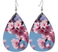 Orecchini pendenti a forma di foglia con stampa di fiori di ciliegio, orecchini in pelle PU a forma di cuore per San Valentino