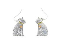 Orecchini pendenti a forma di gatto, in argento anticato, a due tonalità, a forma di cuore, con gancio, gioielli da donna