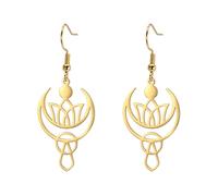 Orecchini pendenti a forma di loto con luna crescente, da donna, in acciaio inox, con simbolo di yoga, gioielli ispiratori, amuleto, idea regalo, Acciaio inossidabile