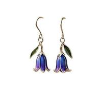 Orecchini pendenti a forma di orchidea a forma di campana, smaltati viola, con foglia verde
