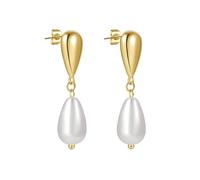 Orecchini pendenti a goccia da donna, color oro, a due strati, con perle finte bianche