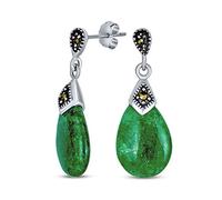 Orecchini pendenti a goccia in giada verde genuina a forma di pera con accento in marcasite Boho Bali per donne, in argento sterling ossidato bicolore .925.