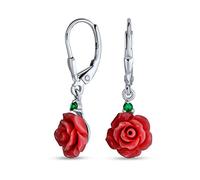 Romantico Delicato Floreale In Fiore 3D Rosso Fiore Di Rosa Verde Cz Accento Leva Indietro Orecchini A Pendente Per Le Donne Teen .925 Sterling Silver