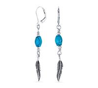 Orecchini pendenti a leva in argento sterling ossidato .925 in stile boho sud-ovest nativo americano con pietra ovale di turchese blu stabilizzato, piuma e foglia, gioielli western per donne e