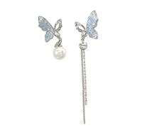 Orecchini pendenti asimmetrici, a forma di farfalla, con cristalli blu e perle e nappe