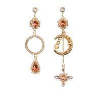Orecchini pendenti asimmetrici con sole e luna, post in argento 925 con lega d'oro e cristalli CZ pesca, gioielli regalo per incontri per feste da donna