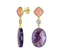 Orecchini Pendenti Con Accento Di Cristallo Rosa Polveroso Elegante, Briolette Naturale, Ametista Viola Sfaccettata Ovale Per Donne, Placcati In Oro Giallo