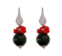 Orecchini pendenti con corallo rosso e onice montatura in argento 925 chiusura monachella gioiello unico artigianale made in italy vintage