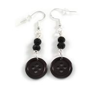 Orecchini pendenti con perline a bottone nero e vetro sfaccettato con ganci in argento Sterling 925 - 55 mm di lunghezza