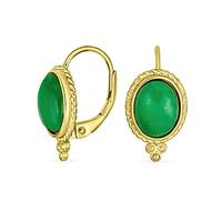 Orecchini pendenti con pietre preziose ovali in giada verde stile occidentale con bordo a cavo e milgrain per donne, chiusura a leva, placcati in oro giallo 14K, argento sterling .925