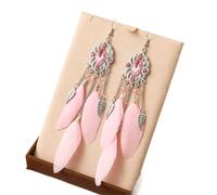 Orecchini pendenti con piume e cristalli di Boemia - Lunghi pendenti a foglia per donna (matrimonio/festa)(Pink)