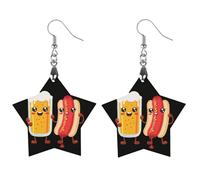 Orecchini pendenti da donna a forma di birra e hot dog, alla moda, in legno, con stampa a forma di goccia, Star, Legno, Nessuna pietra preziosa