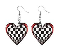 Orecchini pendenti da donna a scacchi con bandiera da corsa a forma di cuore, alla moda, in legno, con stampa, Star, Legno, Nessuna pietra preziosa