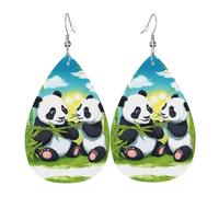 Orecchini pendenti da donna, alla moda, con due panda felici, in pelle, con stampa a goccia, accessorio leggero, Misura unica, Pelle