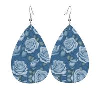 Orecchini pendenti da donna - Belle rose alla moda su sfondo blu stampa in pelle a goccia, accessorio leggero, Misura unica, Pelle