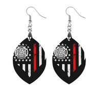 Orecchini pendenti da donna con bandiera dei pompieri a forma di cuore degli Stati Uniti, alla moda, stampati, in legno, con pendente a, Circular, Legno, Nessuna pietra preziosa