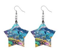 Orecchini pendenti da donna con delfini subacquei e pesci tropicali, alla moda, in legno stampato, gioielli pendenti a goccia, Star, Legno, Nessuna pietra preziosa
