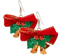 Orecchini pendenti da donna con fiocco a campana di Natale, fiocco rosso festivo con campanellini (1,89 x 1,97), gioielli per le vacanze con foglie di agrifoglio verdi e bacche rosse, accessori per