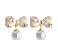 Orecchini pendenti da donna con fiocco bianco e perle - Gioielli con accento a cuore rosa | Orecchini in stile coquette