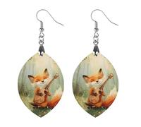 Orecchini pendenti da donna con volpe musicale nelle foreste, alla moda, in legno, con stampa, Apricot shaped, Legno, Nessuna pietra preziosa