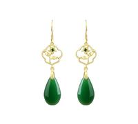 Orecchini pendenti da donna in oro con giada floreale verde a goccia | Montatura floreale dorata traforata con un cristallo verde e una goccia verde scuro, eleganti orecchini vintage